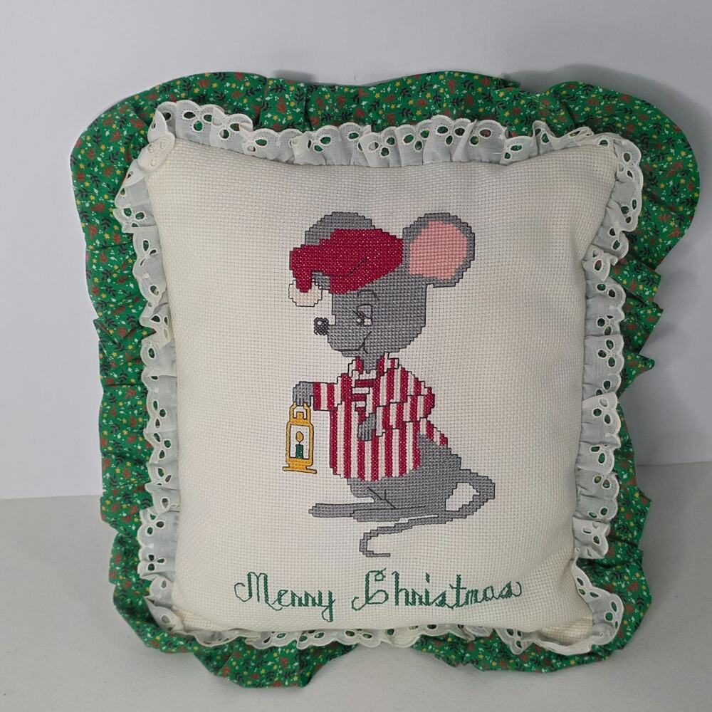 Vintage Handmade Christmas Mouse Needlepoint Pillow Merry Christmas Ruffle Lace